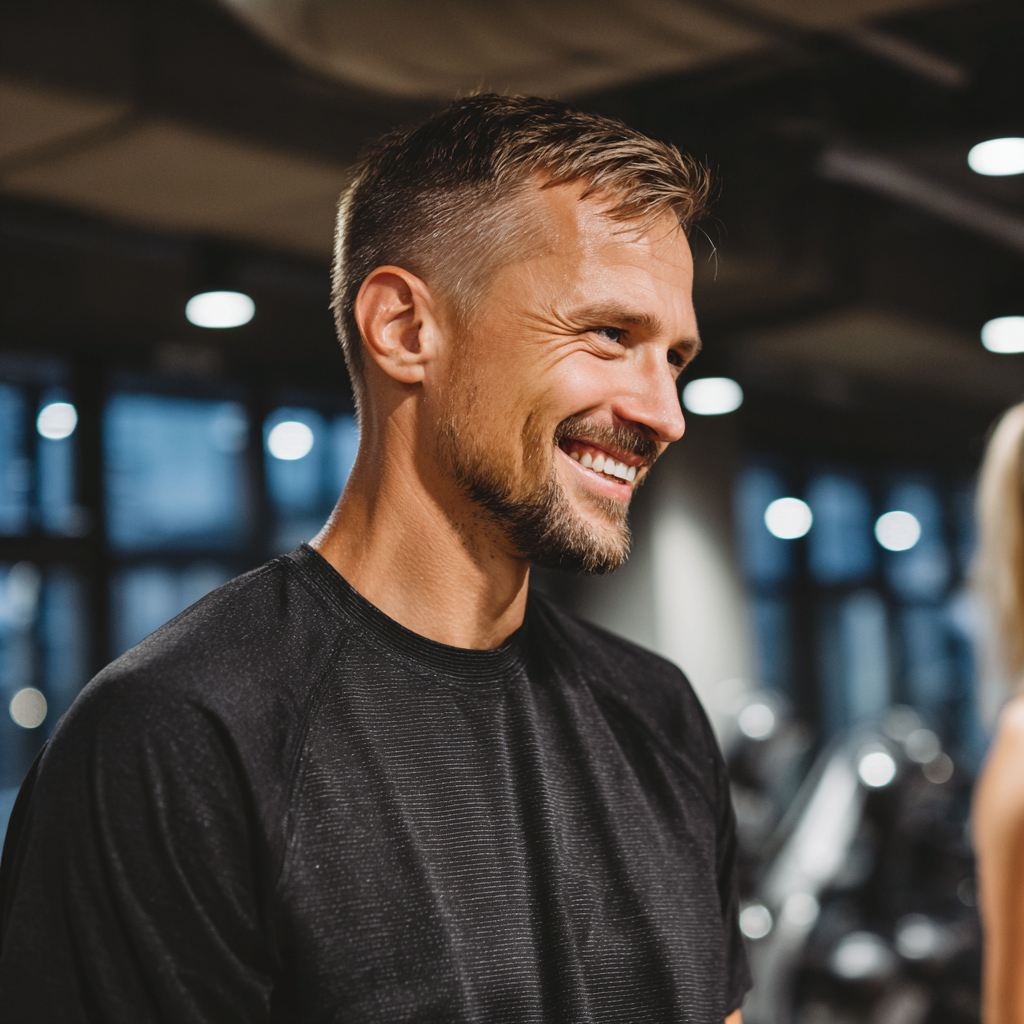 Smiling European woman in her 30s in athletic wear holding a yoga mat, standing in a bright modern gym with natural lighting
