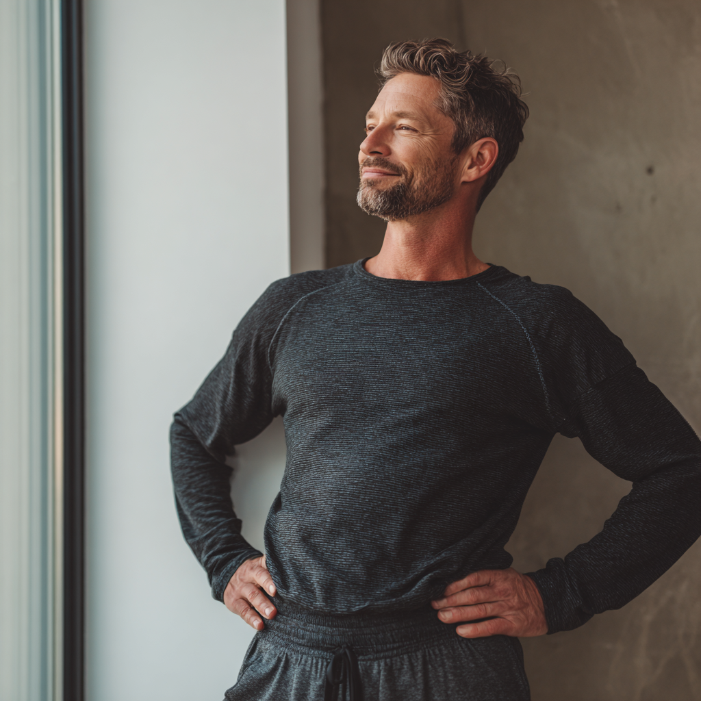 Happy European man in his 40s in fitness attire smiling confidently in a modern gym environment with exercise equipment in the background
